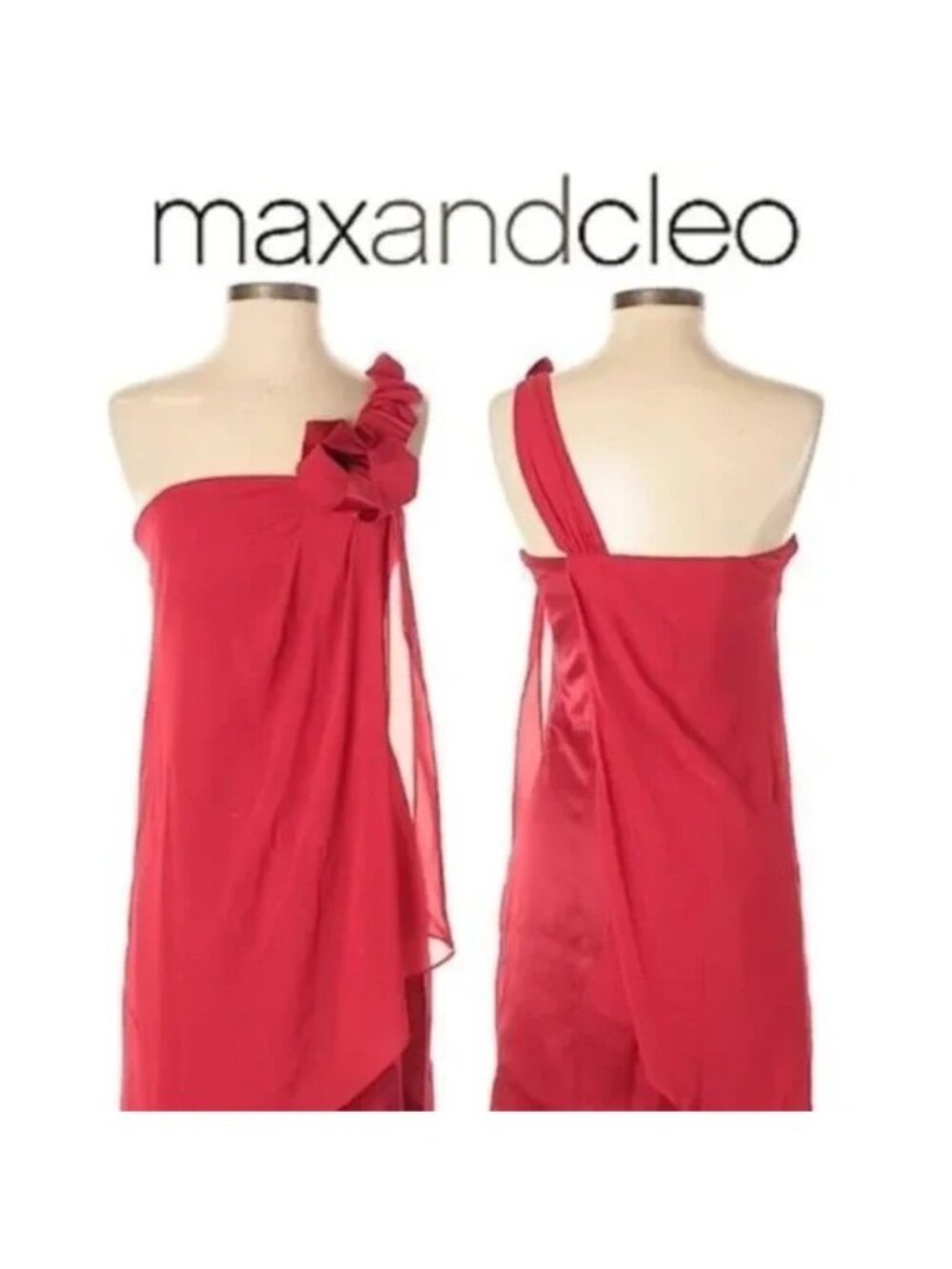 Max & Cleo Crimson Red One Shoulder Dress Ruffle Bow Sheer Overlay Size 10